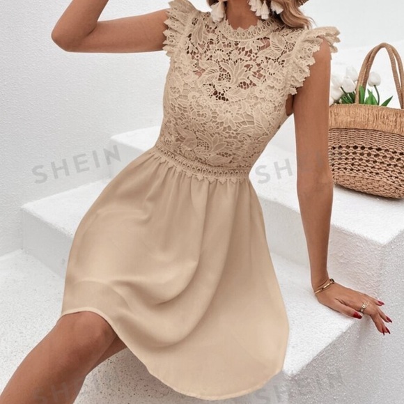 SHEIN Dresses & Skirts - NWT SHEIN Tan Short Sleeves Lace Front Flowy Sun Dress Size S